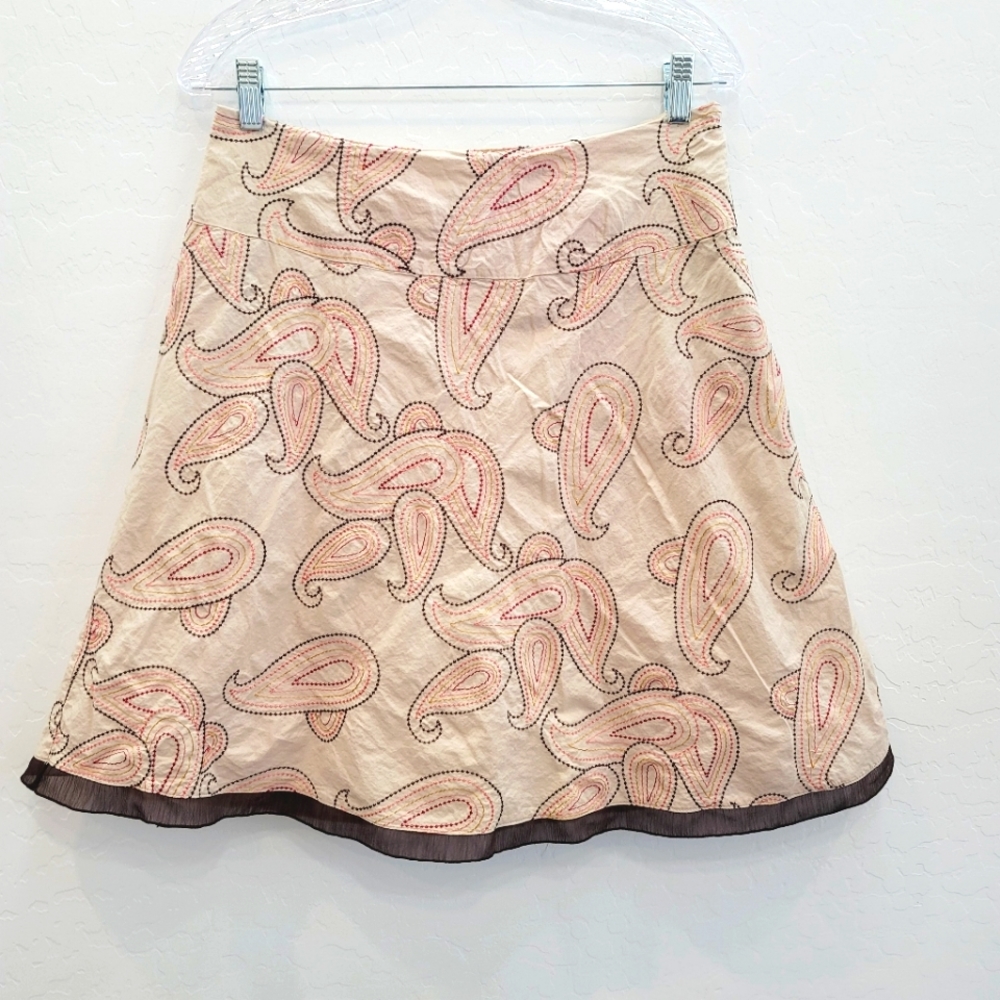 Biyaycda Career Tan & Paisley Embroidered Cotton Skirt Women's Size Medium